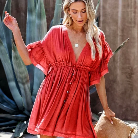 New Flowy Gauze Cover Up Mini Dress Deep Plunge Flutter Sleeve Summer Red - Picture 4 of 8